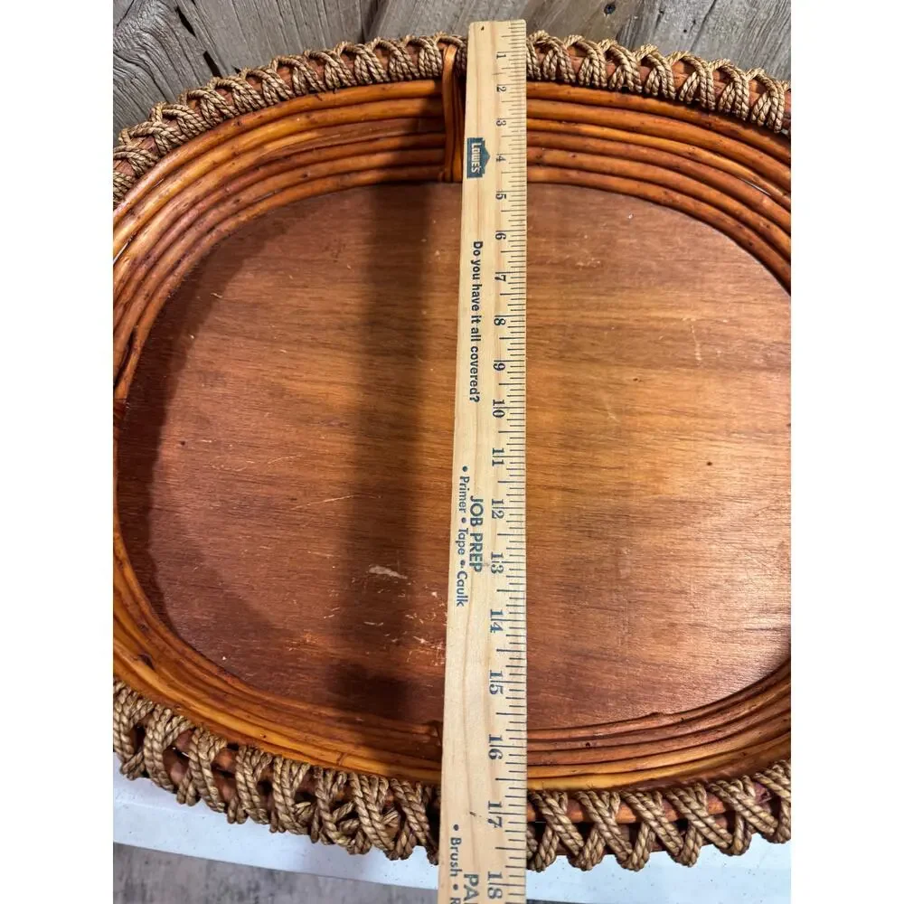 Vintage Oval Bamboo Rattan Serving Tray Wooden Bottom Twisted Twine Rope Trim